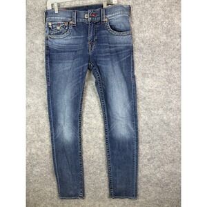True Religion Jeans Mens 32 Flap Relaxed Skinny Blue Denim Blue Red Stitched